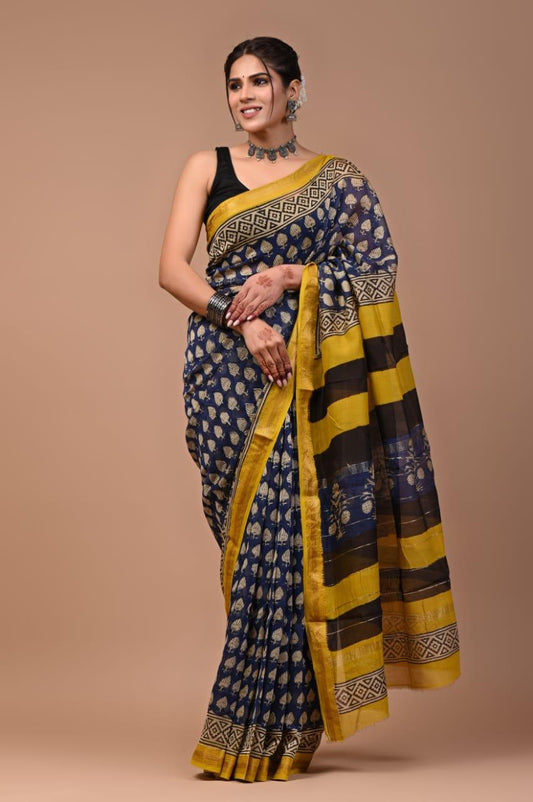 Exclusive Hand Block Printed Maheshwari Silk Saree (SWSRMAH68)