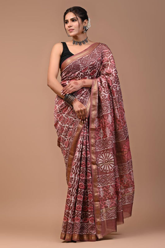 Exclusive Hand Block Printed Maheshwari Silk Saree (SWSRMAH0100)