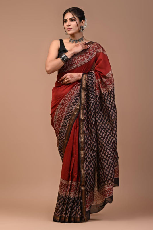 Exclusive Hand Block Printed Maheshwari Silk Saree (SWSRMAH53)