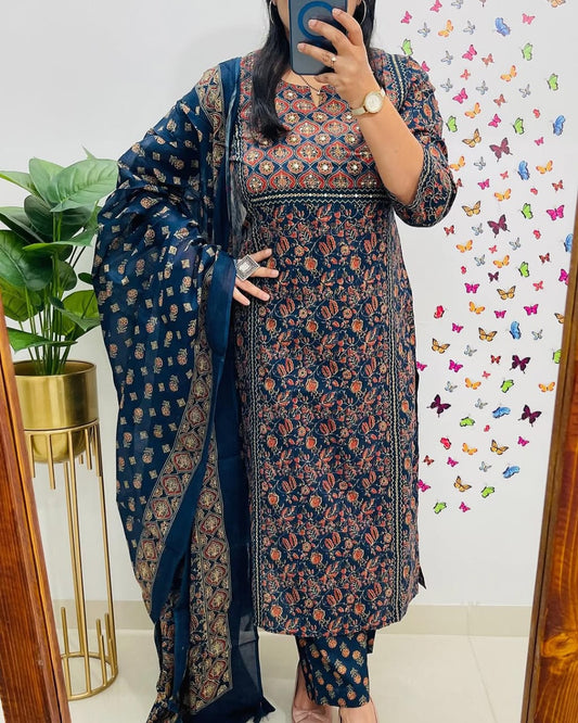 “ NEW FULL COTTON PRINT HAND WORK STRAIGHT KURTI PANT MALMAL DUPATTA ARRIVAL 😍💖(WARED397)