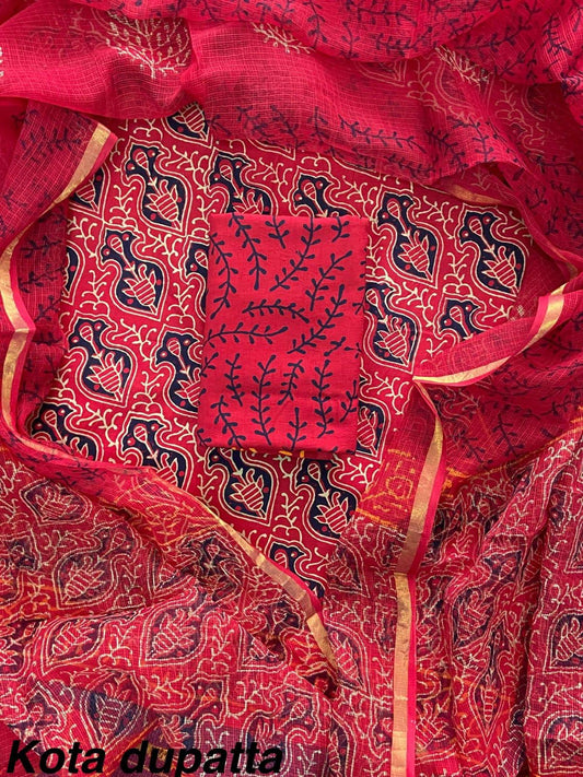 Excusive Hand Block Print Cotton Suit Set with Kota Doria Dupatta (WAKOTMU50)