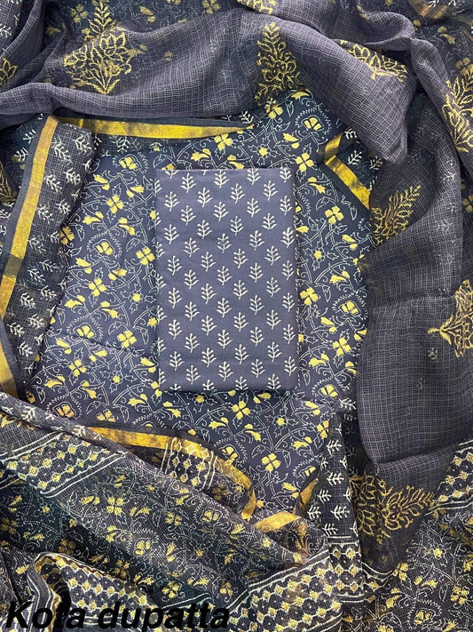 Copy of Excusive Hand Block Print Cotton Suit Set with Kota Doria Dupatta (WAKOTMU49)