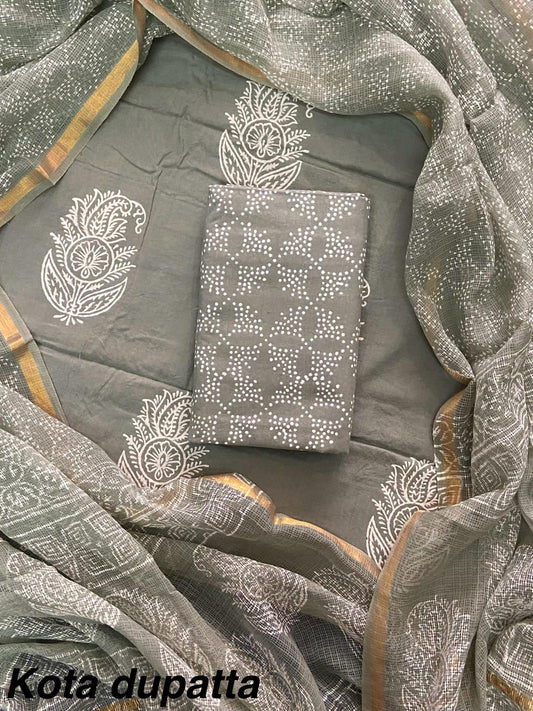 Excusive Hand Block Print Cotton Suit Set with Kota Doria Dupatta (WAKOTMU47)