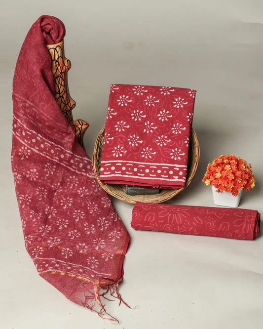 Excusive Hand Block Print Cotton Suit Set with Kota Doria Dupatta (WAKOTMU46)