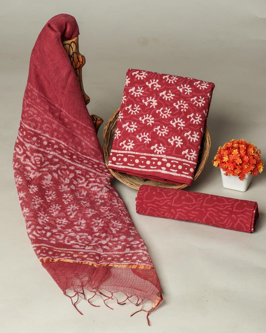 Excusive Hand Block Print Cotton Suit Set with Kota Doria Dupatta (WAKOTMU45)