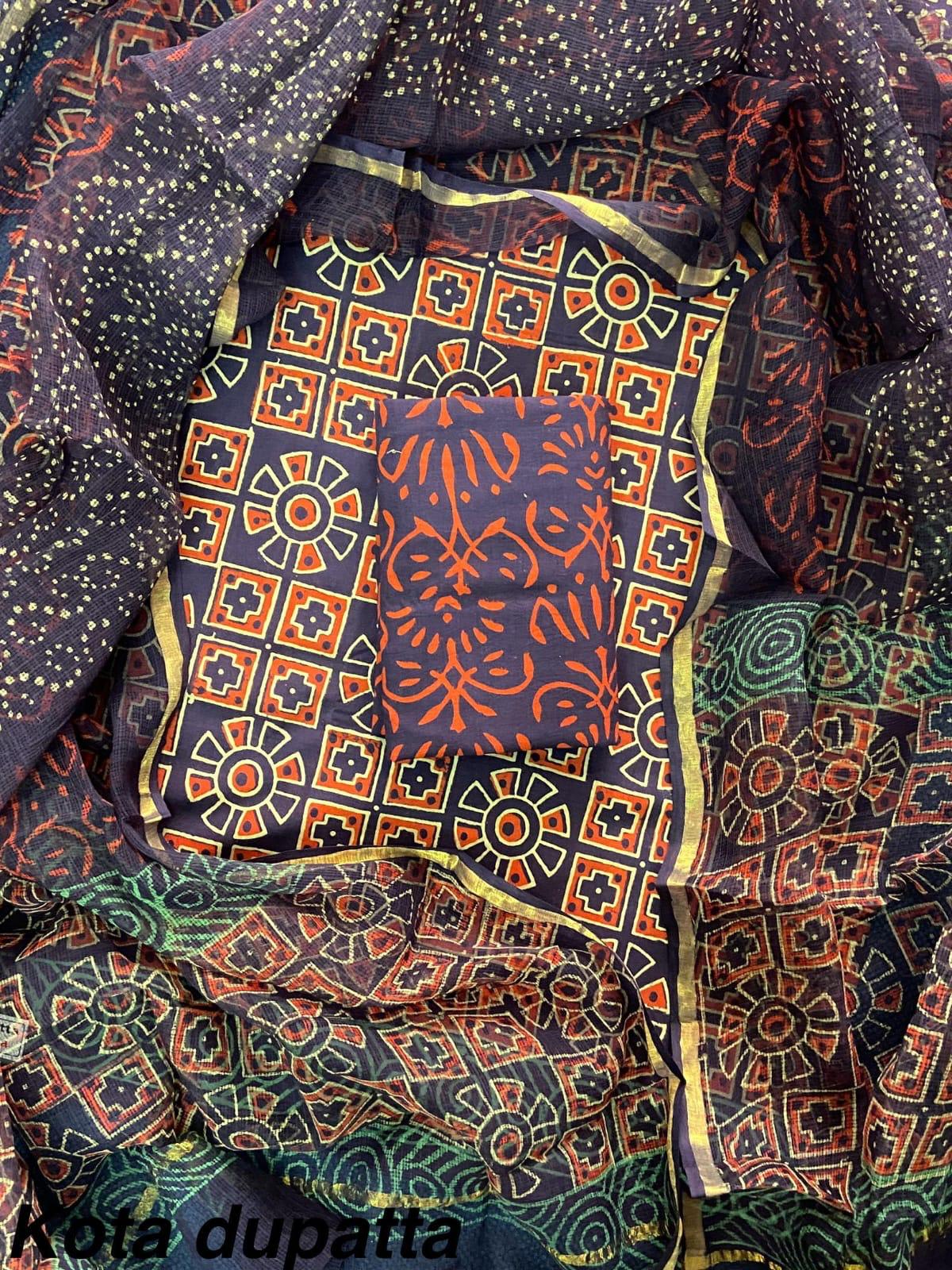 Excusive Hand Block Print Cotton Suit Set with Kota Doria Dupatta (WAKOTMU44)