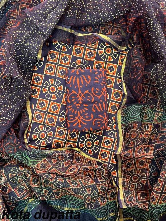 Excusive Hand Block Print Cotton Suit Set with Kota Doria Dupatta (WAKOTMU44)