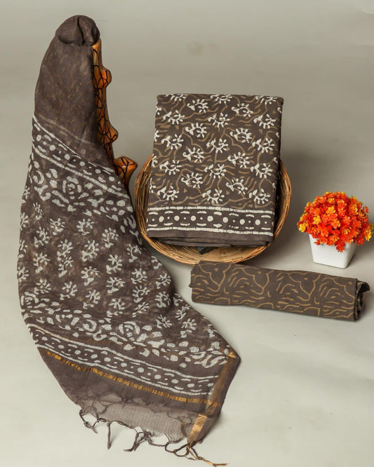 Excusive Hand Block Print Cotton Suit Set with Kota Doria Dupatta (WAKOTMU43)