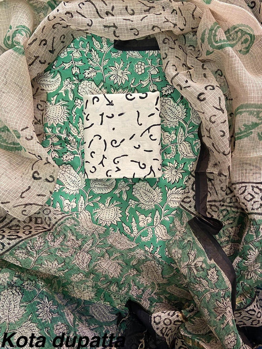 Excusive Hand Block Print Cotton Suit Set with Kota Doria Dupatta (WAKOTMU42)