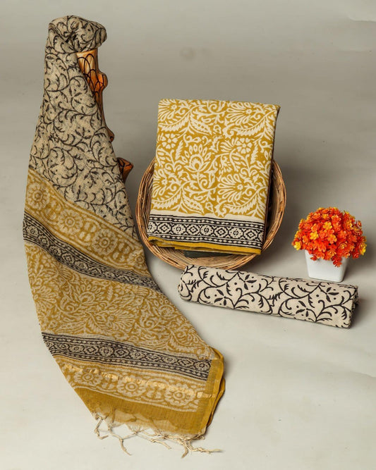 Excusive Hand Block Print Cotton Suit Set with Kota Doria Dupatta (WAKOTMU41)
