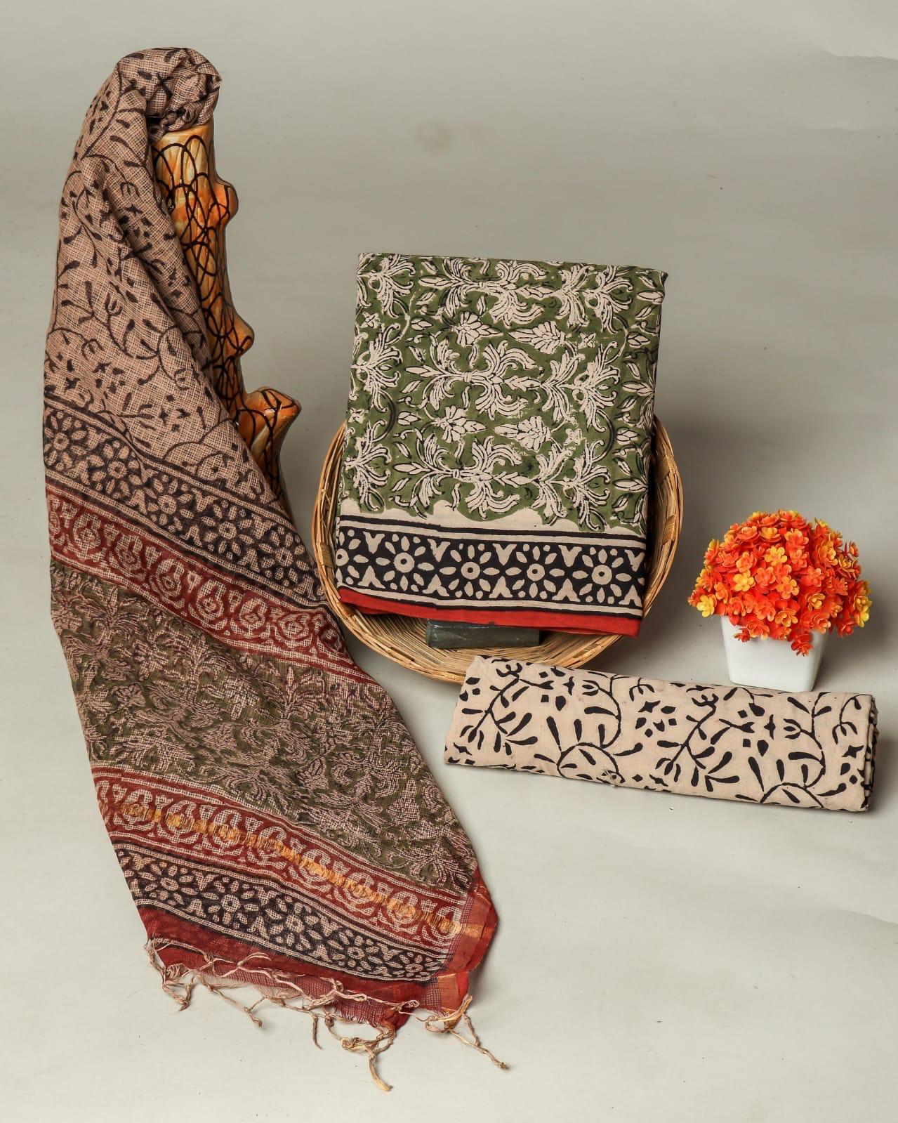 Copy of Premium Hand Block Print Cotton Suit Set with Kota Doria Dupatta WAKOTMU38