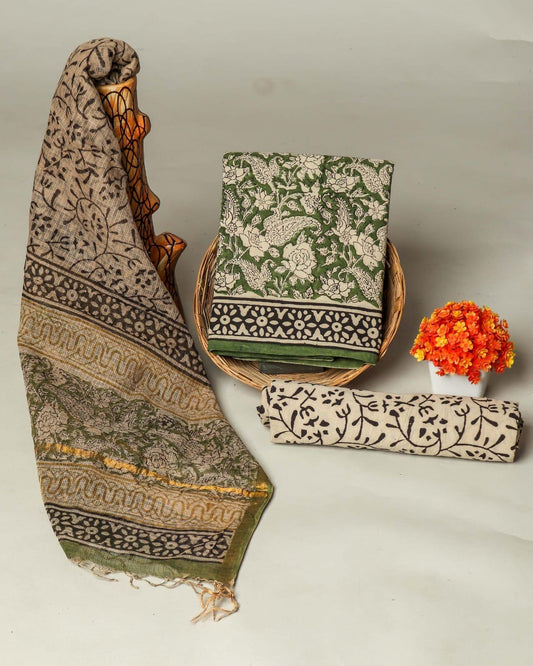 Premium Hand Block Print Cotton Suit Set with Kota Doria DupattaWAKOTMU37