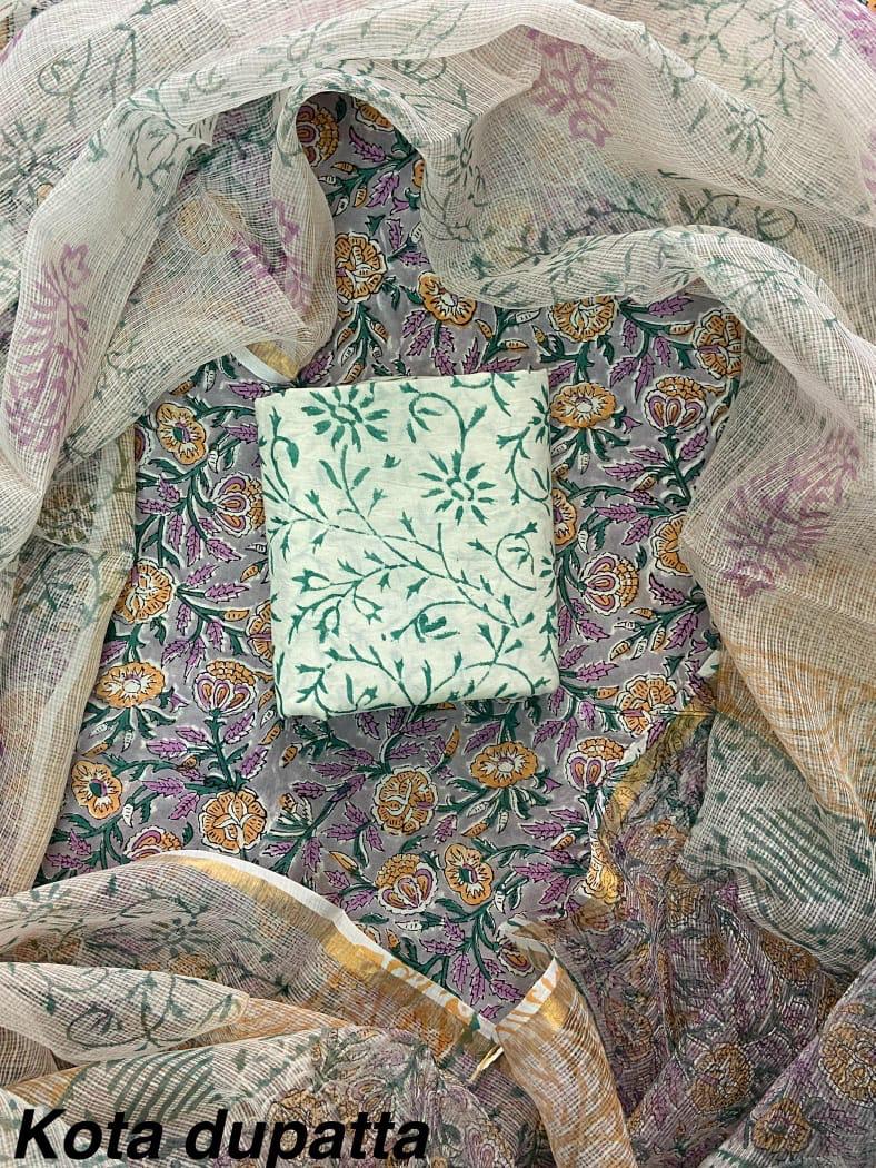 Premium Hand Block Print Cotton Suit Set with Kota Doria Dupatta WAKOTMU34