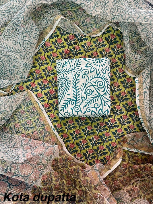 Premium Hand Block Print Cotton Suit Set with Kota Doria Dupatta WAKOTMU33