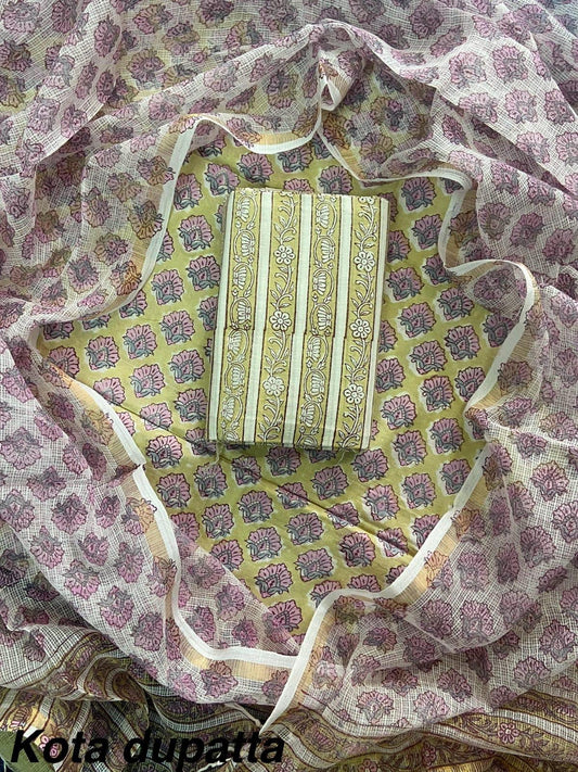 DESIGNER HAND BLOCK PRINT COTTON SUIT SET WITH KOTA DORIA DUPATTA  (WAKOTMU12)