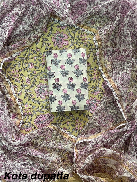 DESIGNER HAND BLOCK PRINT COTTON SUIT SET WITH KOTA DORIA DUPATTA(WAKOTMU10)