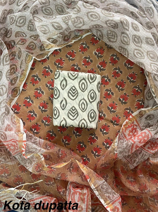 DESIGNER HAND BLOCK PRINT COTTON SUIT SET WITH KOTA DORIA DUPATTA(WAKOTMU08)