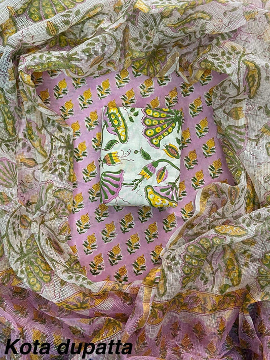 DESIGNER HAND BLOCK PRINT COTTON SUIT SET WITH KOTA DORIA DUPATTA(WAKOTMU07)