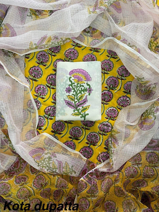 DESIGNER HAND BLOCK PRINT COTTON SUIT SET WITH KOTA DORIA DUPATTA(WAKOTMU06)