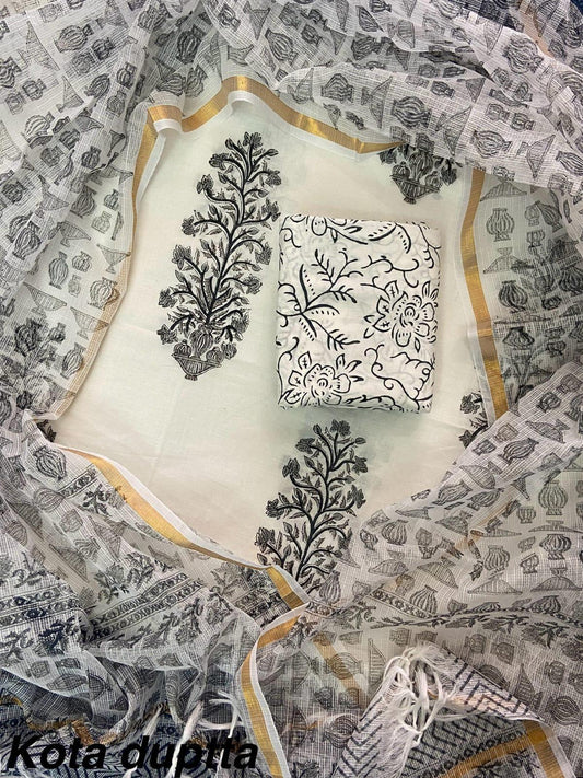 Suits Wala Hand Block Print Cotton Suit Set with Kota Doria Dupatta(WAKOTMU03)