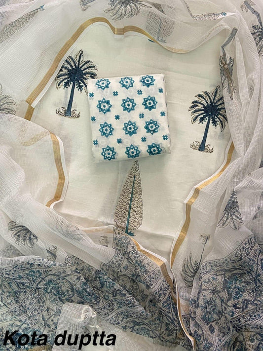 Premium Hand Block Print Cotton Suit Set with Kota Doria Dupatta(WAKOTMU02)