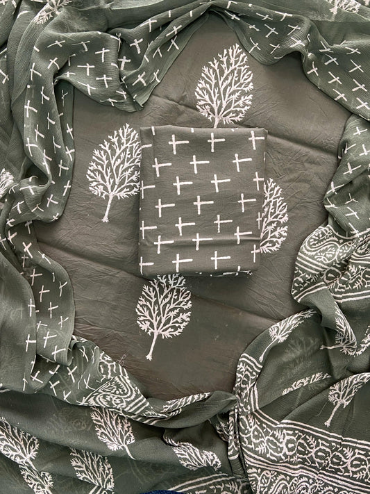 New Premium Hand Block Print Cotton Suit Set with Chiffon Dupatta(WACFCOTMU71)