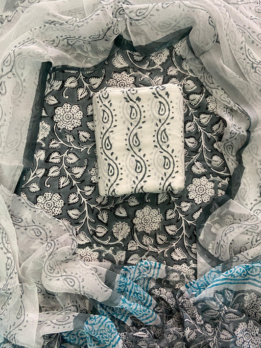 New Premium Hand Block Print Cotton Suit Set with Chiffon Dupatta(WACFCOTMU70)