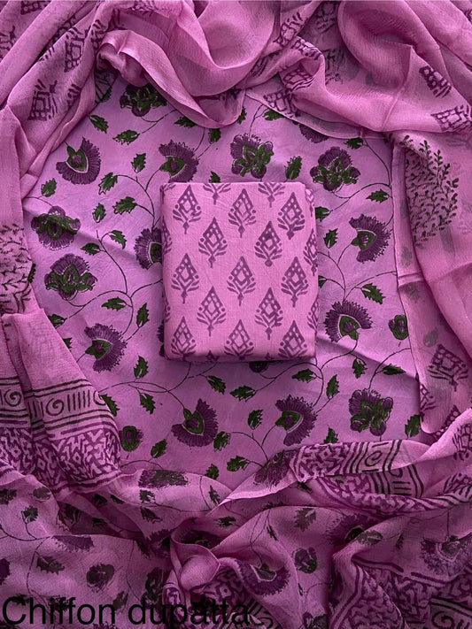 New Premium Hand Block Print Cotton Suit Set with Chiffon Dupatta(WACFCOTMU69)