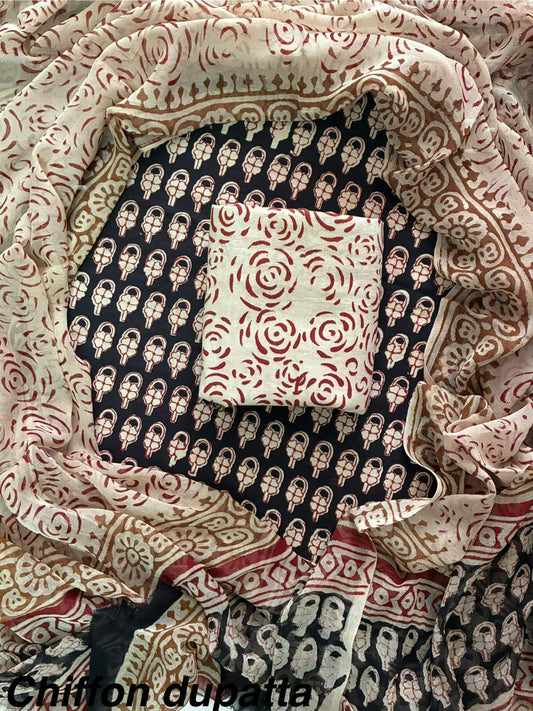 DESIGNER HAND BLOCK PRINT COTTON SUITSET WITH CHIFFON DUPATTA(WACFCOTMU67)