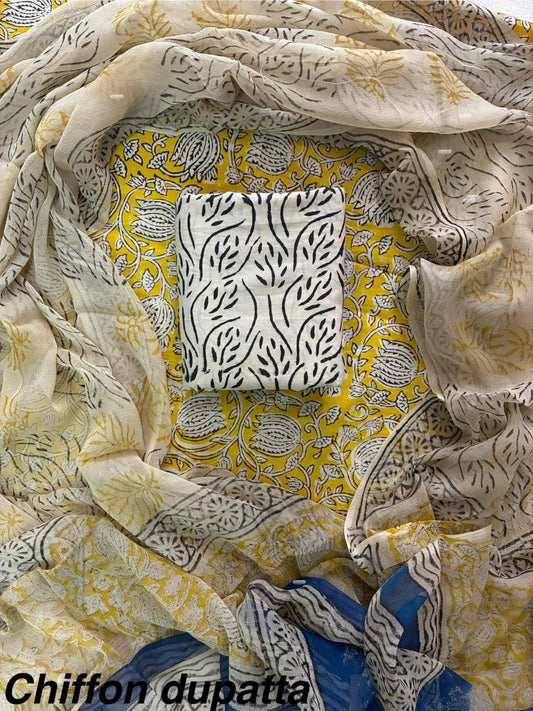 DESIGNER HAND BLOCK PRINT COTTON SUITSET WITH CHIFFON DUPATTA(WACFCOTMU66)