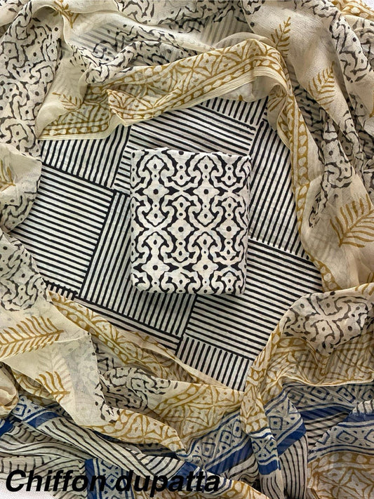 DESIGNER HAND BLOCK PRINT COTTON SUITSET WITH CHIFFON DUPATTA(WACFCOTMU65)