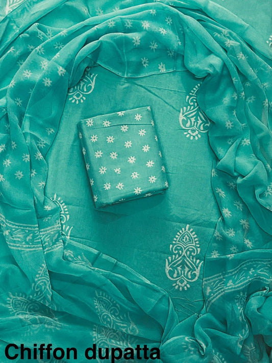 New Premium Hand Block Print Cotton Suit Set with Chiffon Dupatta(WACFCOTMU61)