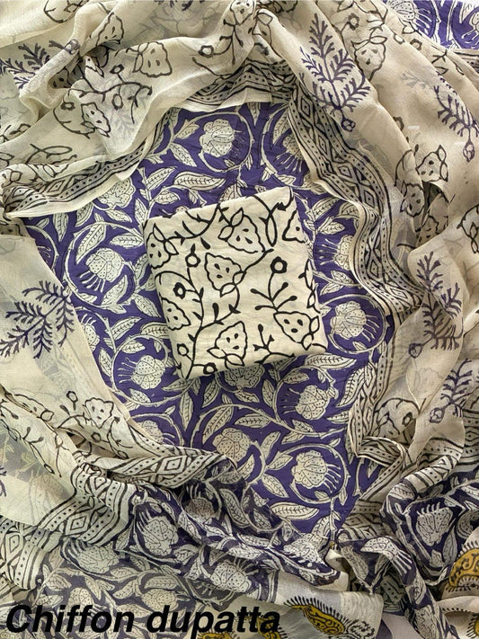 New Premium Hand Block Print Cotton Suit Set with Chiffon Dupatta(WACFCOTMU60)