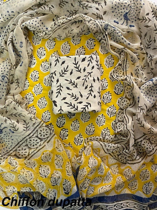 New Premium Hand Block Print Cotton Suit Set with Chiffon Dupatta(WACFCOTMU59)