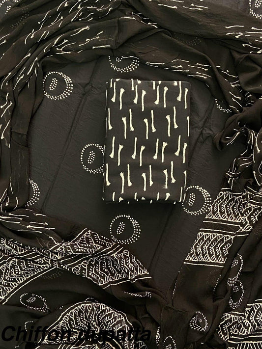New Premium Hand Block Print Cotton Suit Set with Chiffon Dupatta(WACFCOTMU58)