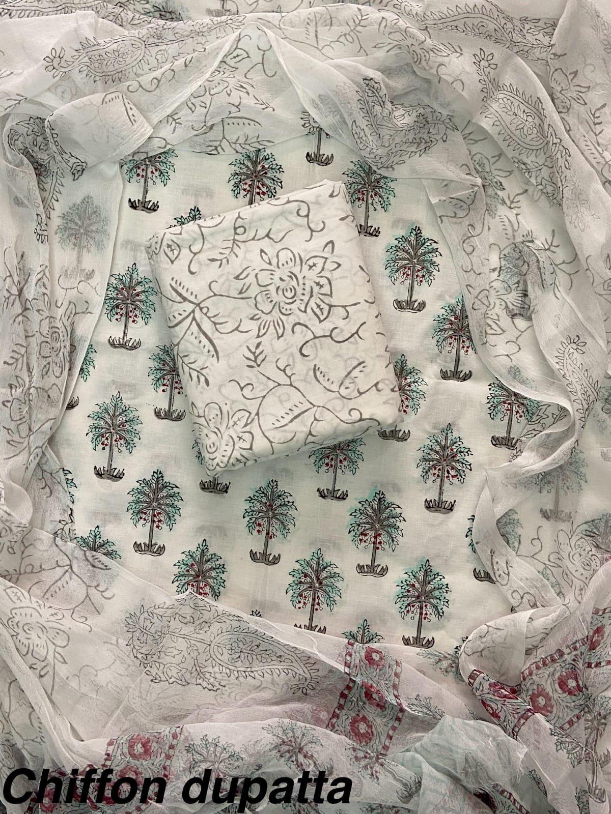 New Premium Hand Block Print Cotton Suit Set with Chiffon Dupatta(WACFCOTMU57)