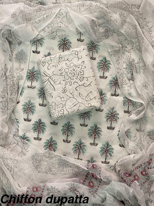 New Premium Hand Block Print Cotton Suit Set with Chiffon Dupatta(WACFCOTMU57)