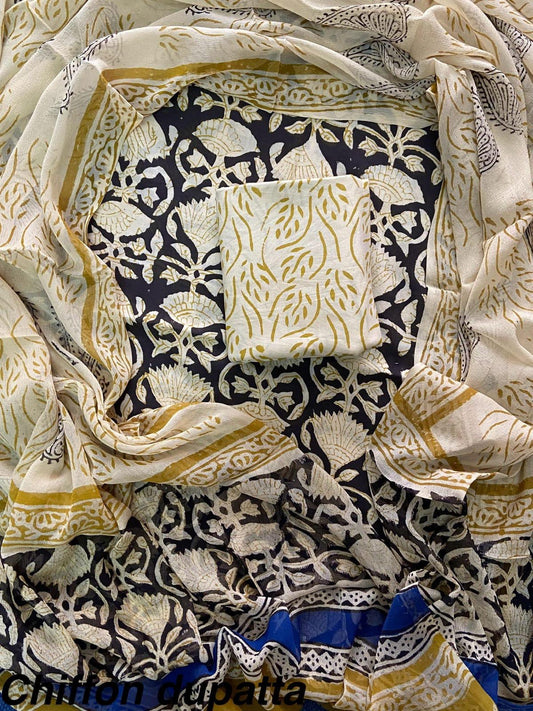 New Premium Hand Block Print Cotton Suit Set with Chiffon Dupatta(WACFCOTMU56)