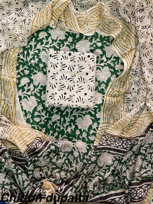 New Premium Hand Block Print Cotton Suit Set with Chiffon Dupatta(WACFCOTMU55)