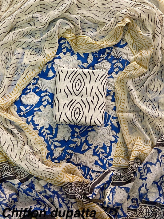 New Premium Hand Block Print Cotton Suit Set with Chiffon Dupatta(WACFCOTMU54)