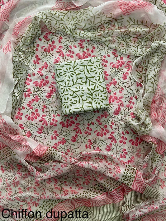 New Premium Hand Block Print Cotton Suit Set with Chiffon Dupatta(WACFCOTMU53)
