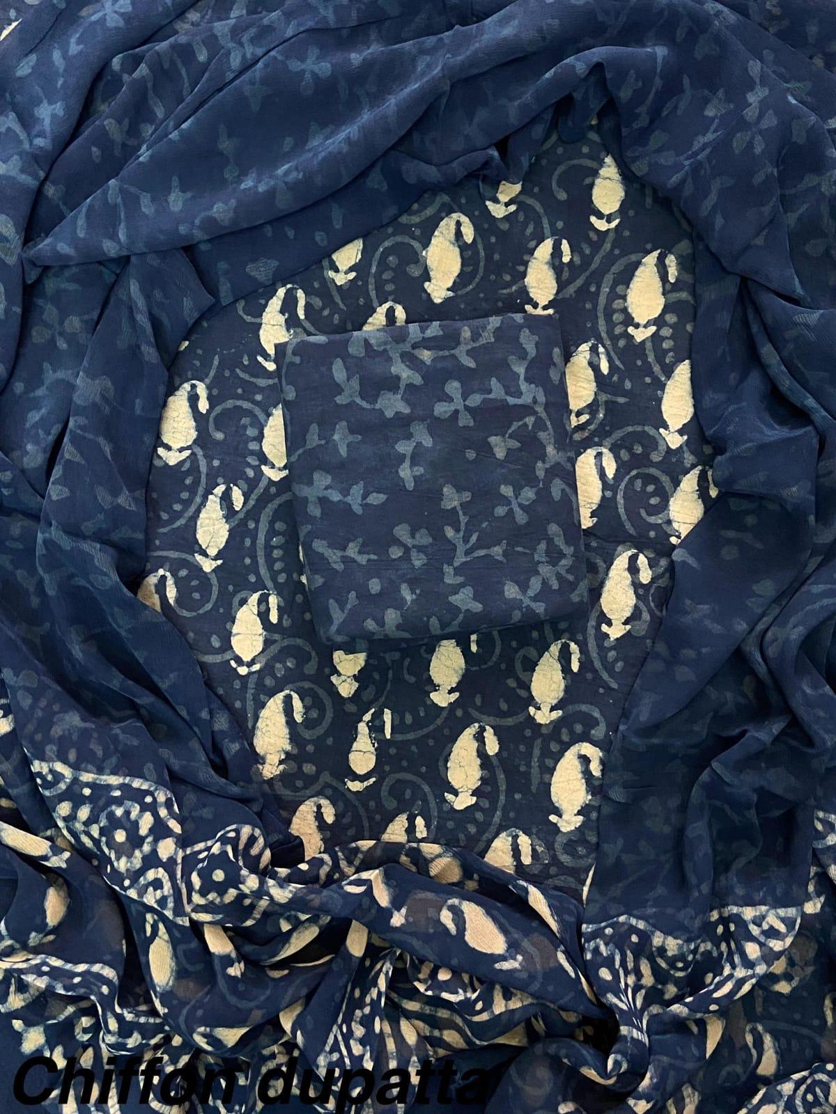 New Premium Hand Block Print Cotton Suit Set with Chiffon Dupatta(WACFCOTMU52)