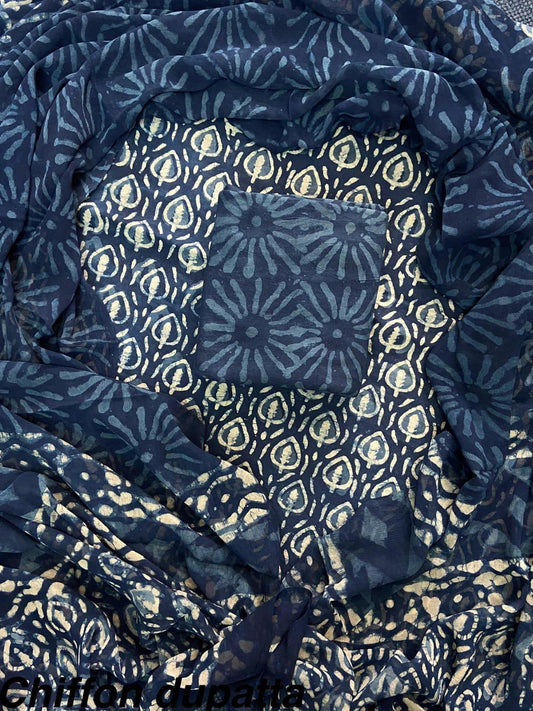 New Premium Hand Block Print Cotton Suit Set with Chiffon Dupatta(WACFCOTMU50)
