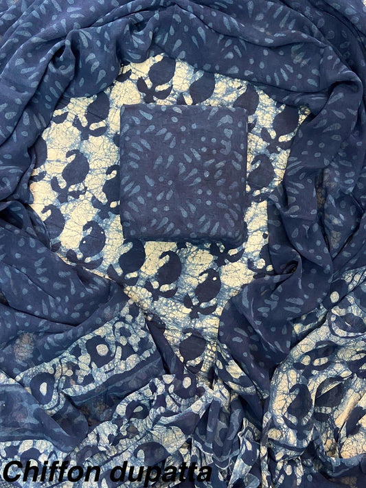 Premium Hand Block Print Cotton Suit Set with Chiffon Dupatta(WACFCOTMU49)