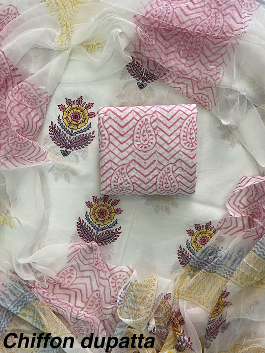 JAAL HAND BLOCK PRINT COTTON SUIT SET WITH CHIFFON DUPATTA(WACFCOTMU46)