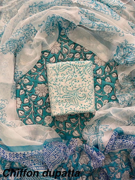 JAAL HAND BLOCK PRINT COTTON SUIT SET WITH CHIFFON DUPATTA(WACFCOTMU44)