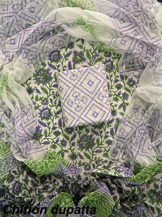 JAAL HAND BLOCK PRINT COTTON SUIT SET WITH CHIFFON DUPATTA(WACFCOTMU39)