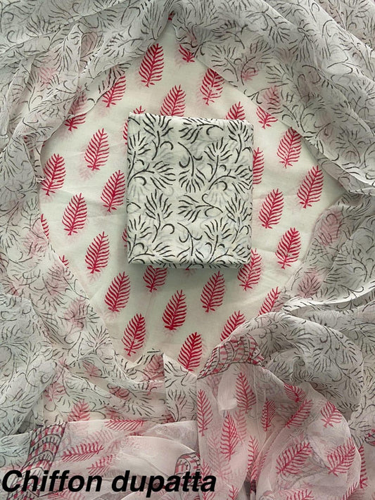 JAAL HAND BLOCK PRINT COTTON SUIT SET WITH CHIFFON DUPATTA(WACFCOTMU38)