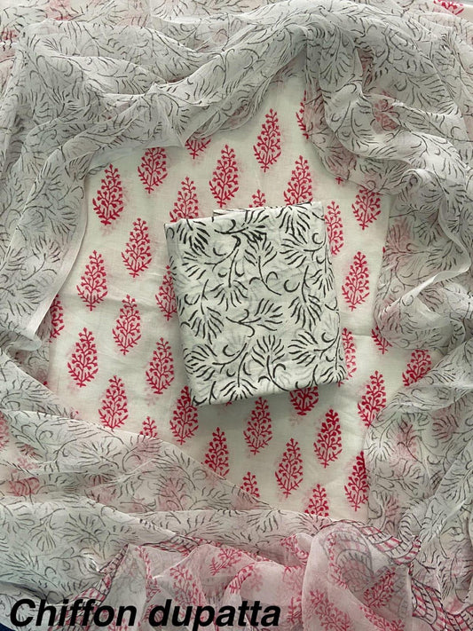 JAAL HAND BLOCK PRINT COTTON SUIT SET WITH CHIFFON DUPATTA(WACFCOTMU37)