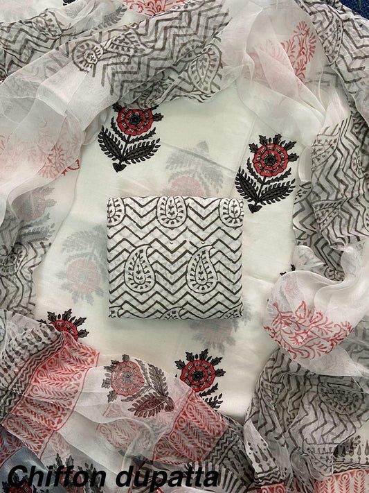 JAAL HAND BLOCK PRINT COTTON SUIT SET WITH CHIFFON DUPATTA(WACFCOTMU36)